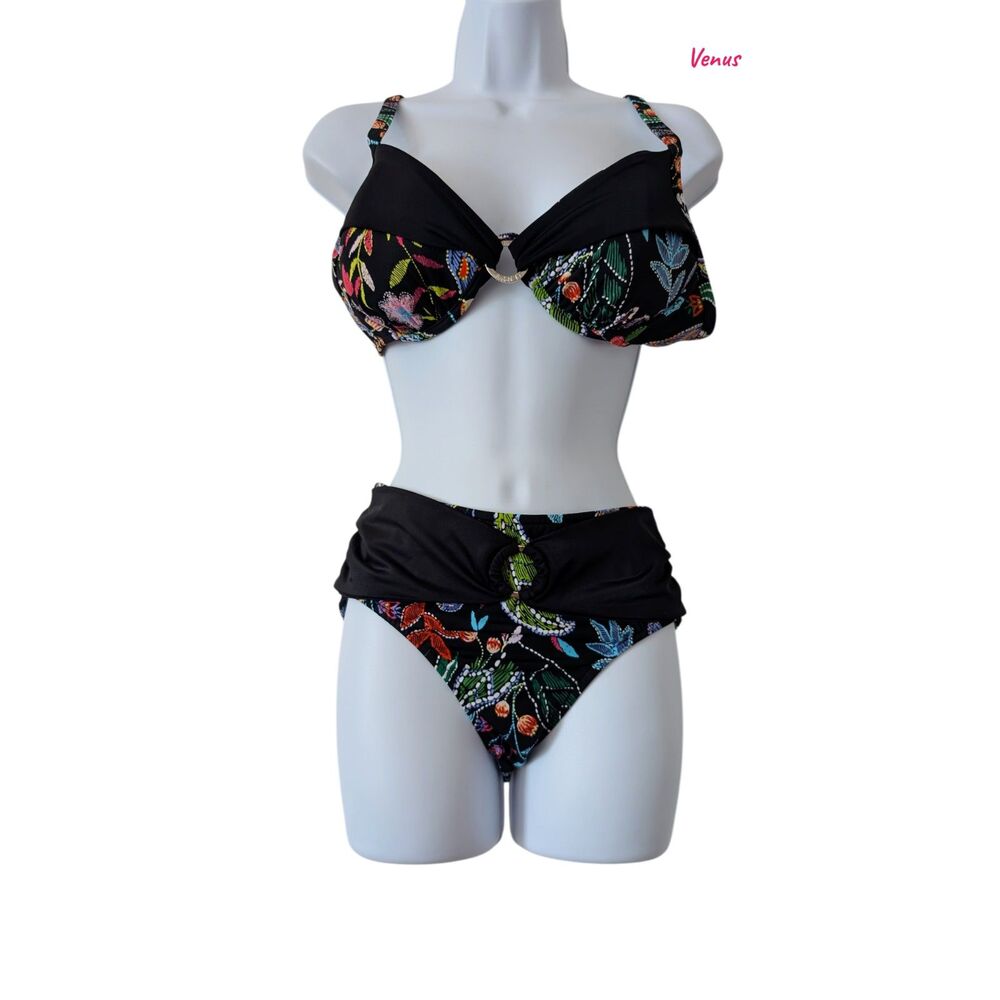 Venus 2 Piece Bikini Set Floral Underwire High Waist Black Size 10 D2